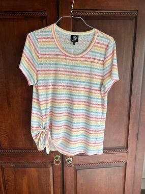 Bobeau Pastel Rainbow Stripe Short Sleeve Side-Tie Tee
